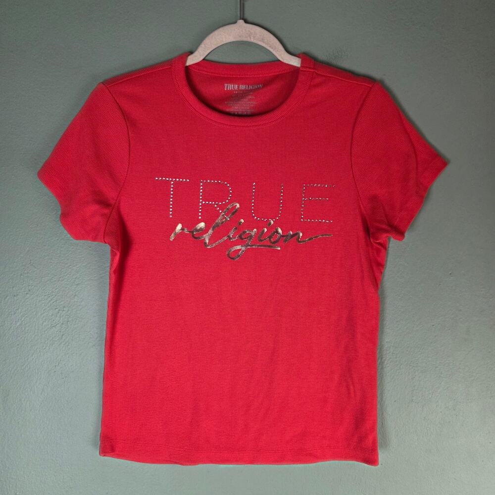 True Religion Womens Large Red Ribbed Short Sleeve Crewneck Tee Red Dalia Y2K
